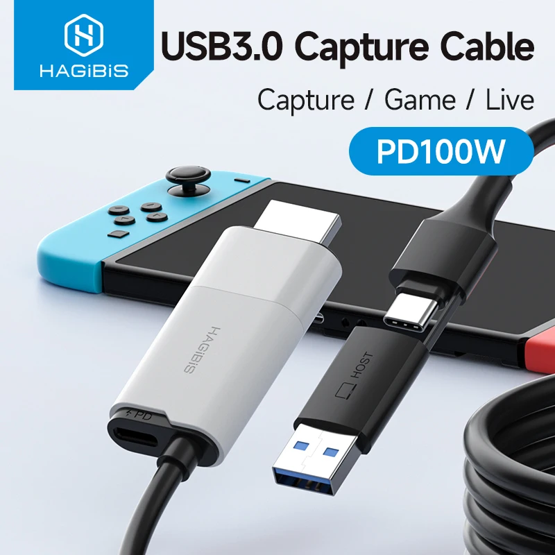 Hagibis USB 3.0 Placa de captura de vídeo HDMI para USB-A/Tipo-C Cabo de captura PD 100W para Quest 3 Switch Gaming Gravador de transmissão ao vivo Hagibis USB 3.0 Placa de captura de vídeo HDMI para USB-A/Tipo-C Cabo de captura PD 100W para Quest 3 Switch Gaming Gravador de transmissão ao vivo