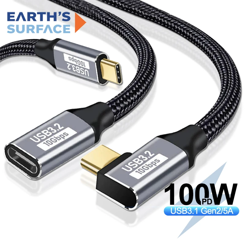 Pd 100w usb tipo c cabo de carregamento rápido macho para fêmea 90 ângulo 5a usb c 3.1 gen2 cabo de extensão 10gbps usb c extensor cabo de dados