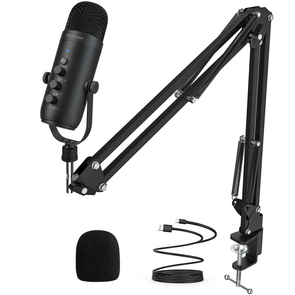 Haomuren profissional usb streaming podcast pc microfone estúdio cardióide condensador microfone kit com braço de lança para gravação youtube