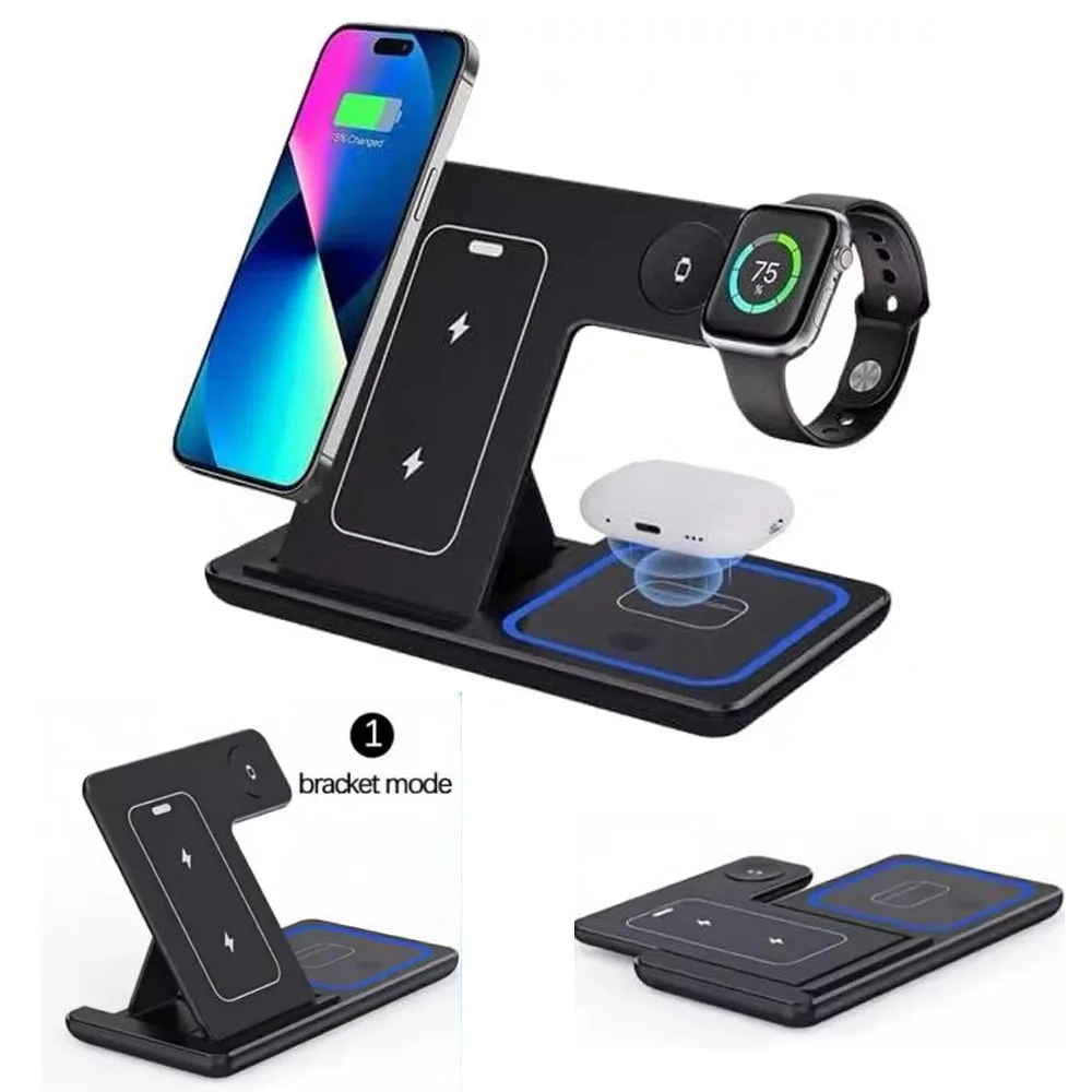 Estação de Carregamento Sem Fio Rápida 3 em 1 com Suporte Dobrável para Samsung iPhone 17 16 15 18 14 13 12 Apple Watch 9 8 7 Airpods, Profissional para Xiaomi Huawei com Cabo de Dados Tipo C