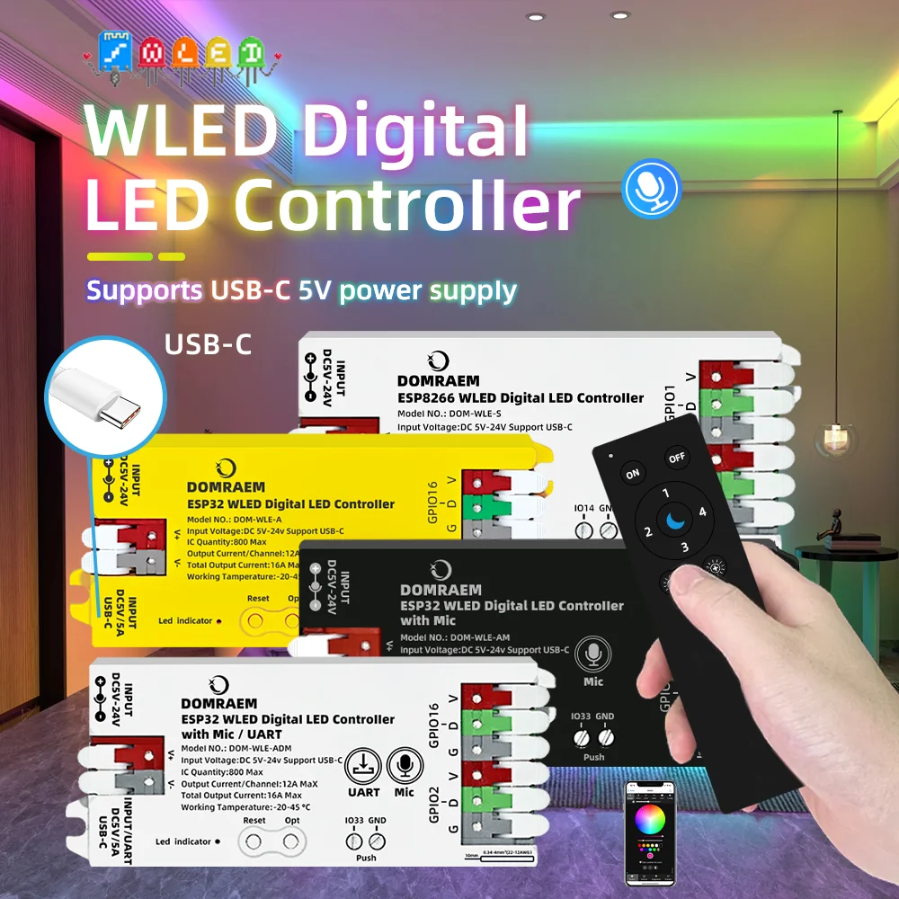 Controlador Digital LED WLED USB-C DOMRAEM ESP8266/ESP32 | Fitas de LED RGB WS2814/12B/05/APA102 | Fusível 16A~0.5W em Standby | Microfone e UAR