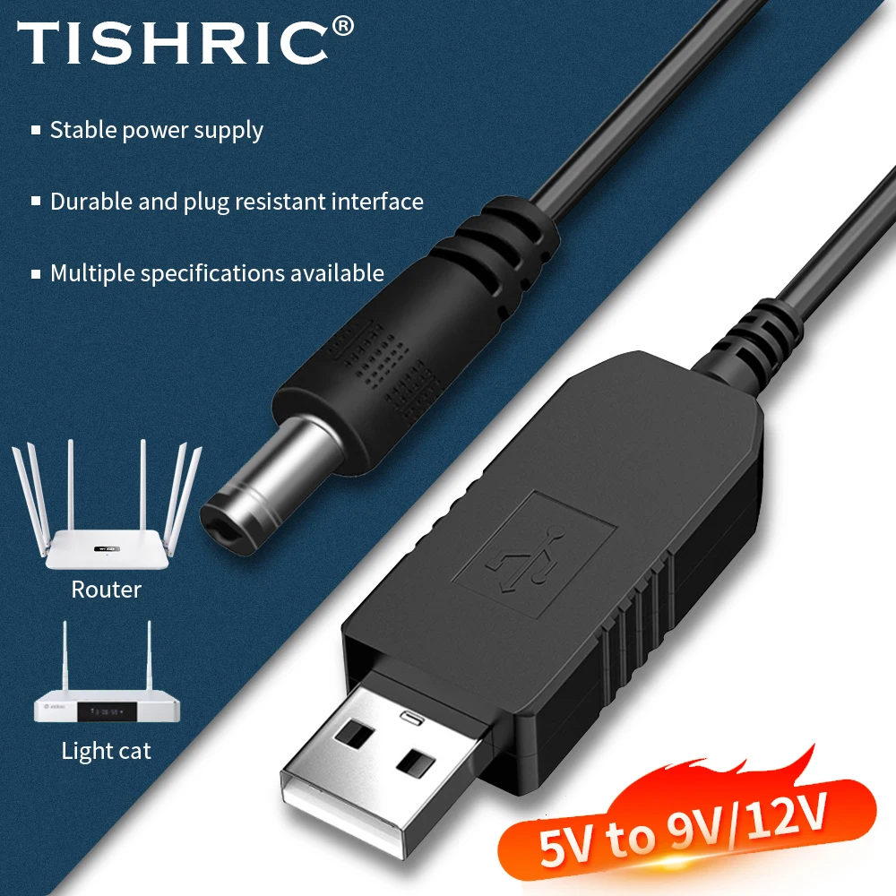 Tishric usb dc 5v para 12v 9v cabo de alimentação para roteador wifi adaptador fio usb boost módulo conversor 2.1x5.5mm via powerbank