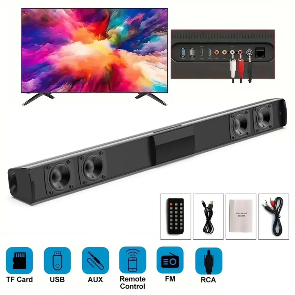 Bluetooth 5.3 Soundbar Alto-falantes, som surround estéreo, cinema em casa com controle remoto, suporte RCA AUX TF-Card