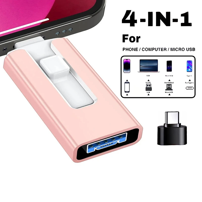 Pen Drive USB 3.0 512G 256G 2T 1TB para iPhone com Interface 4 em 1 para iPhone, Micro TYPE, para iPhone 7/8/9/11/12/13 e iPad