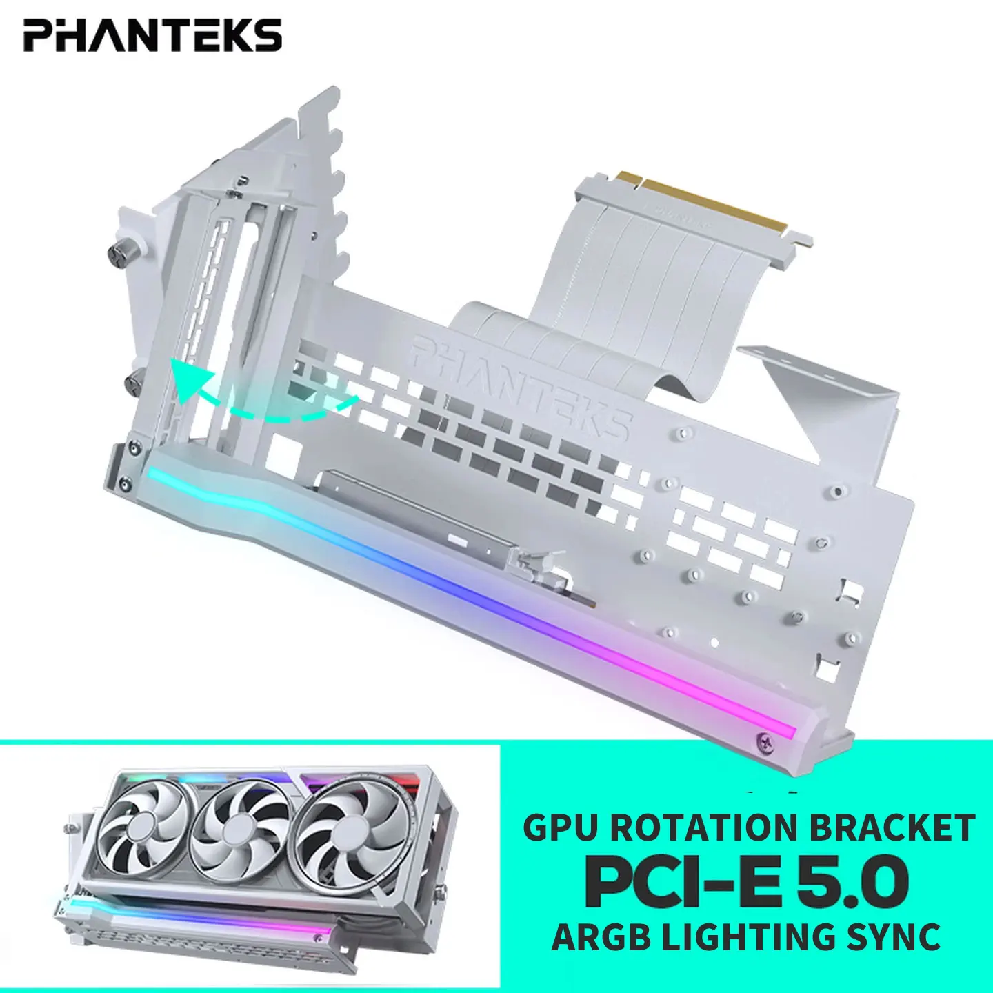 Kit de suporte rotativo para placas de vídeo PHANTEKS GPUKT 5.0 ARGB com cabo adaptador de placa gráfica PCIe 5.0 de 220mm, suporte para placas de vídeo da série 50. Kit de suporte rotativo para placas de vídeo PHANTEKS GPUKT 5.0 ARGB com cabo adaptador de placa gráfica PCIe 5.0 de 220mm, suporte para placas de vídeo da série 50.