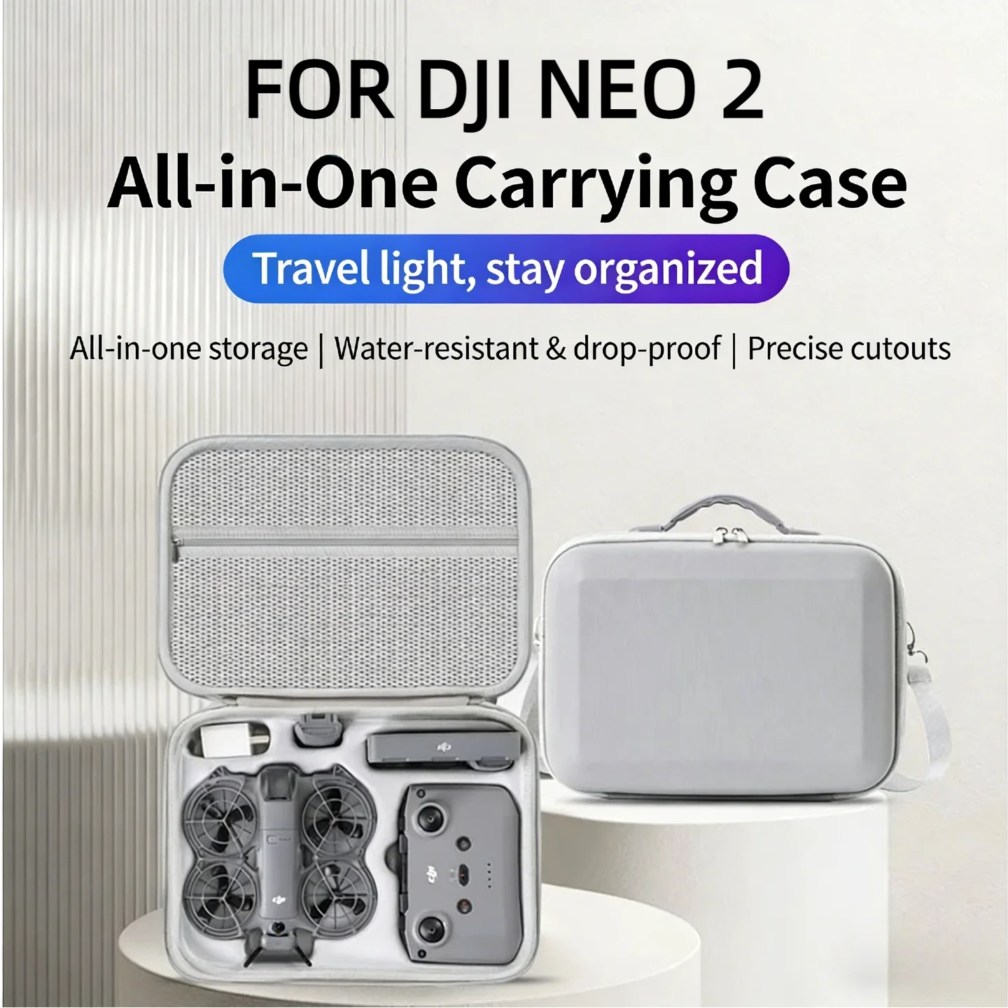 Bolsa Organizadora de Viagem XFJI para Acessórios de Drone DJI NEO 2, Estojo Rígido de Couro PU, Compatível com Controle Remoto RC-N3, Bolsa Protetora de Ombro