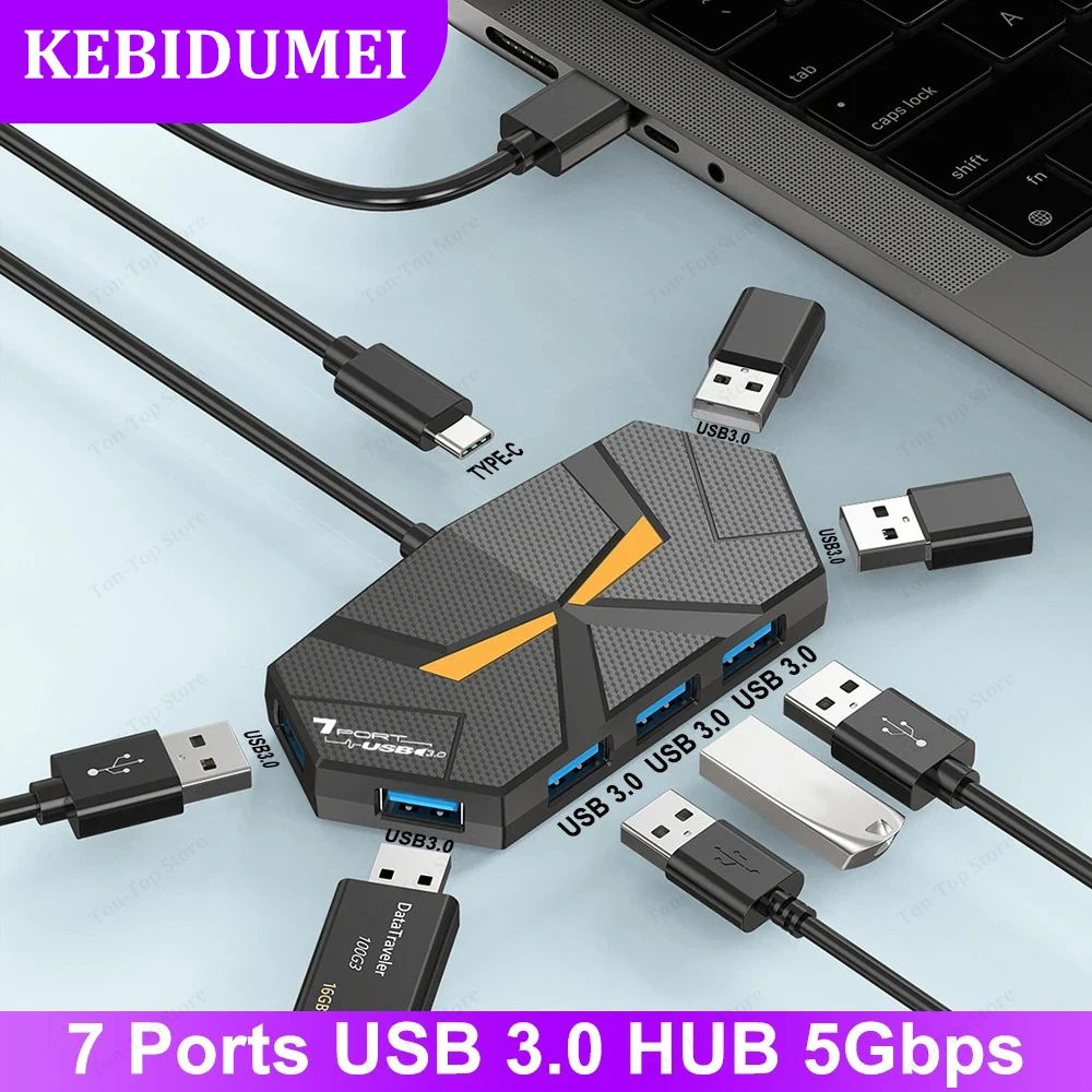 7 portas usb 3.0 hub estação de acoplamento usb divisor adaptador 5gbps transmissão alta velocidade pd fonte alimentação para computador portátil