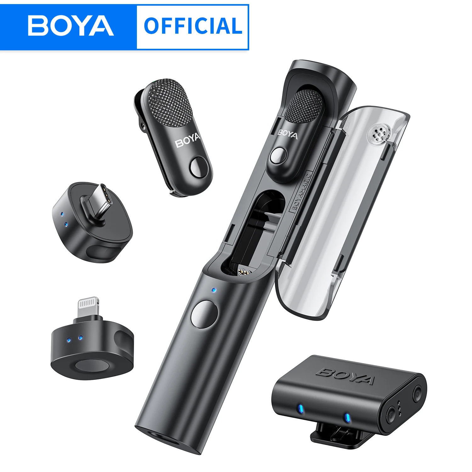 Microfone Lavalier Sem Fio BOYA Magic 4 em 1 para iPhone, Android, Telefone USB-C e Câmera para Entrevistas e Transmissões Ao Vivo