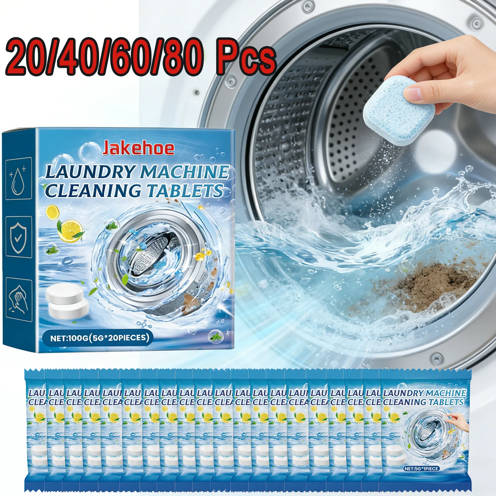 20/40/60/80 Pastilhas Limpadoras para Máquina de Lavar Roupa, Limpeza Profunda do Tambor, Eliminador de Odores, Descalcificante Efervescente 100g