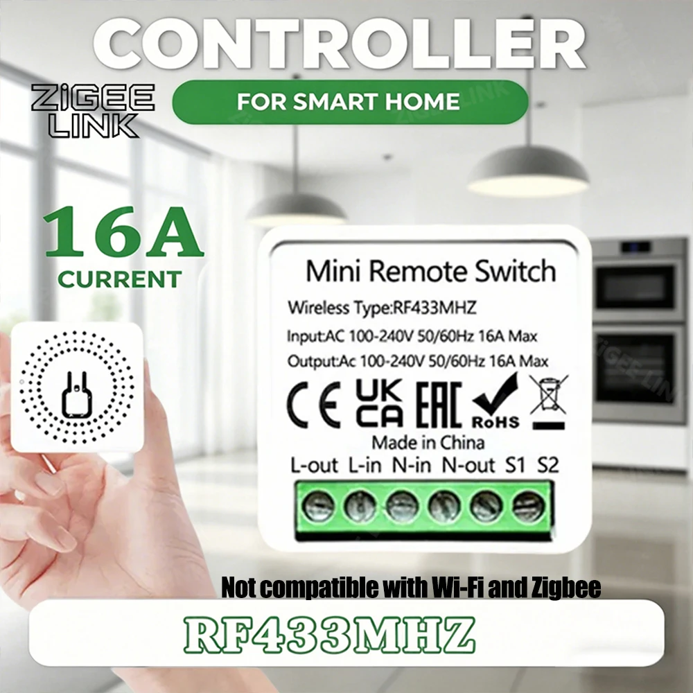 Interruptores de Luz Inteligentes 16A com Controle Remoto RF 433 Mhz, Módulo Sem Fio para Automação Residencial, Controle de 2 Vias para Lâmpadas LED
