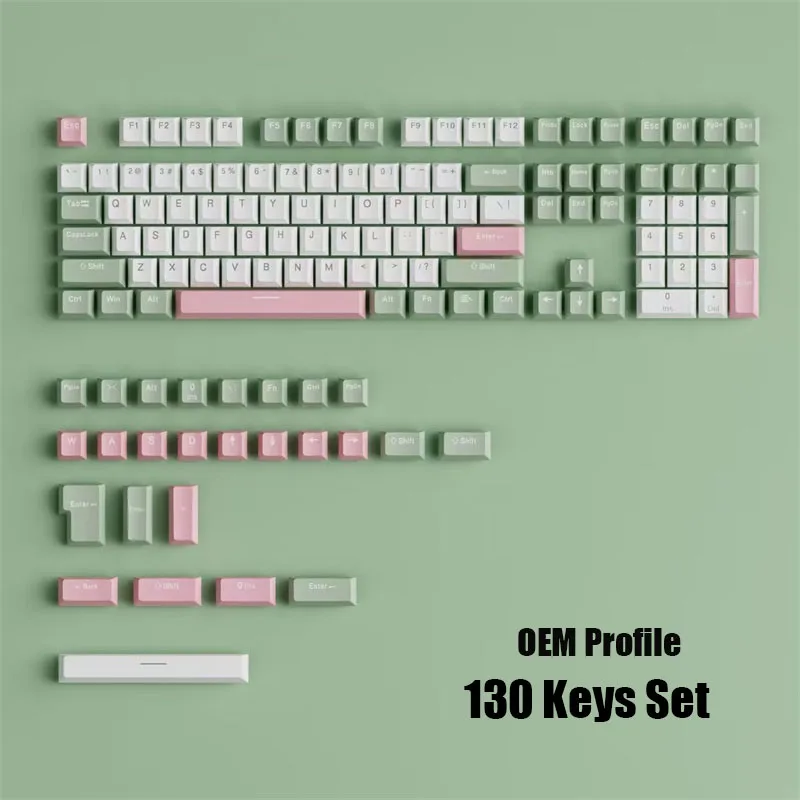 Matcha verde teclado mecânico pbt keycap três cores misturadas perfil oem duplo tiro 130 teclas gamer personalizado mx interruptor chave bonés