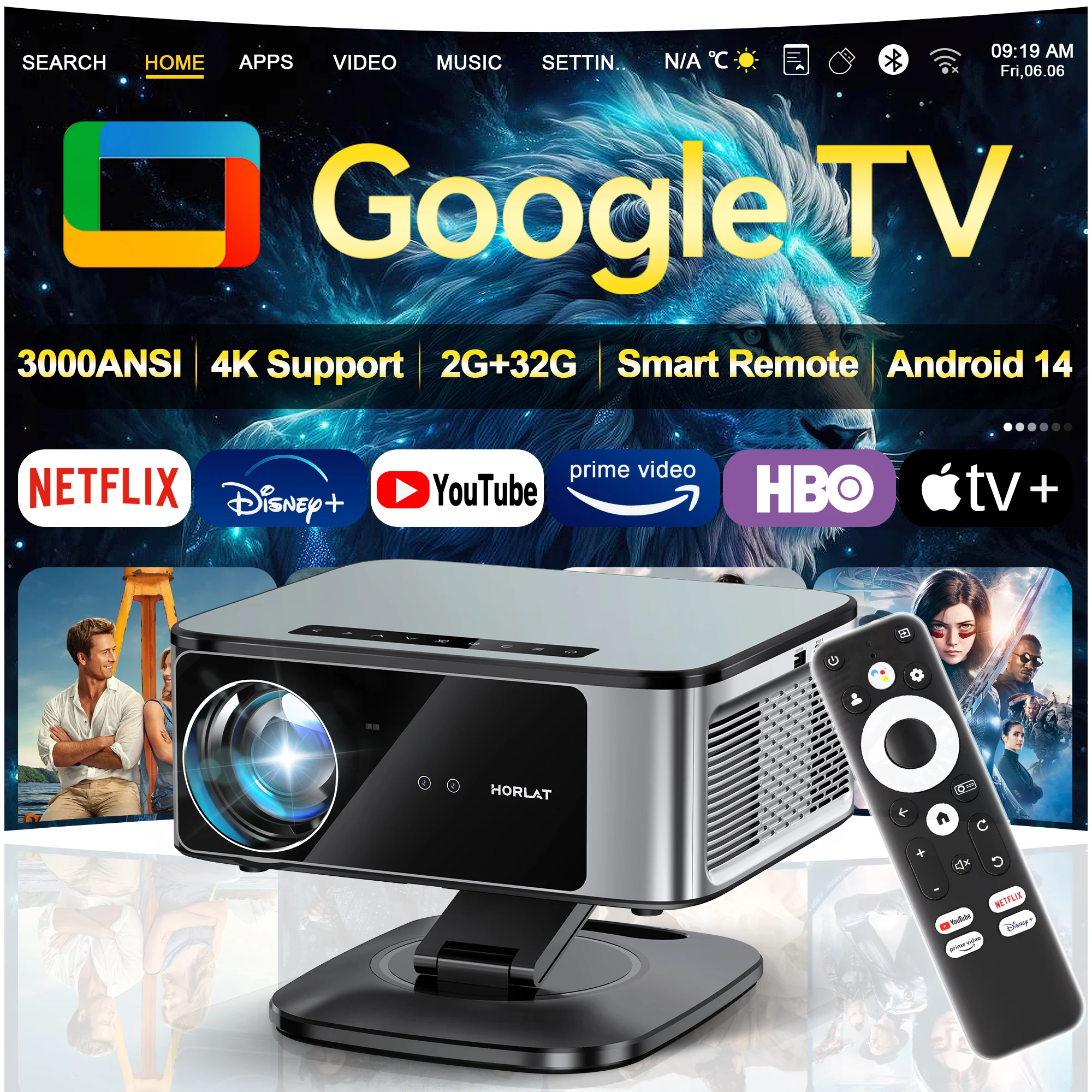 Projetor Google TV HORLAT 2026 3000 ANSI Lumens Full HD 1080P Foco Automático WiFi 6 Suporte 3D 4K Projetor Dolby para Home Theater Inteligente
