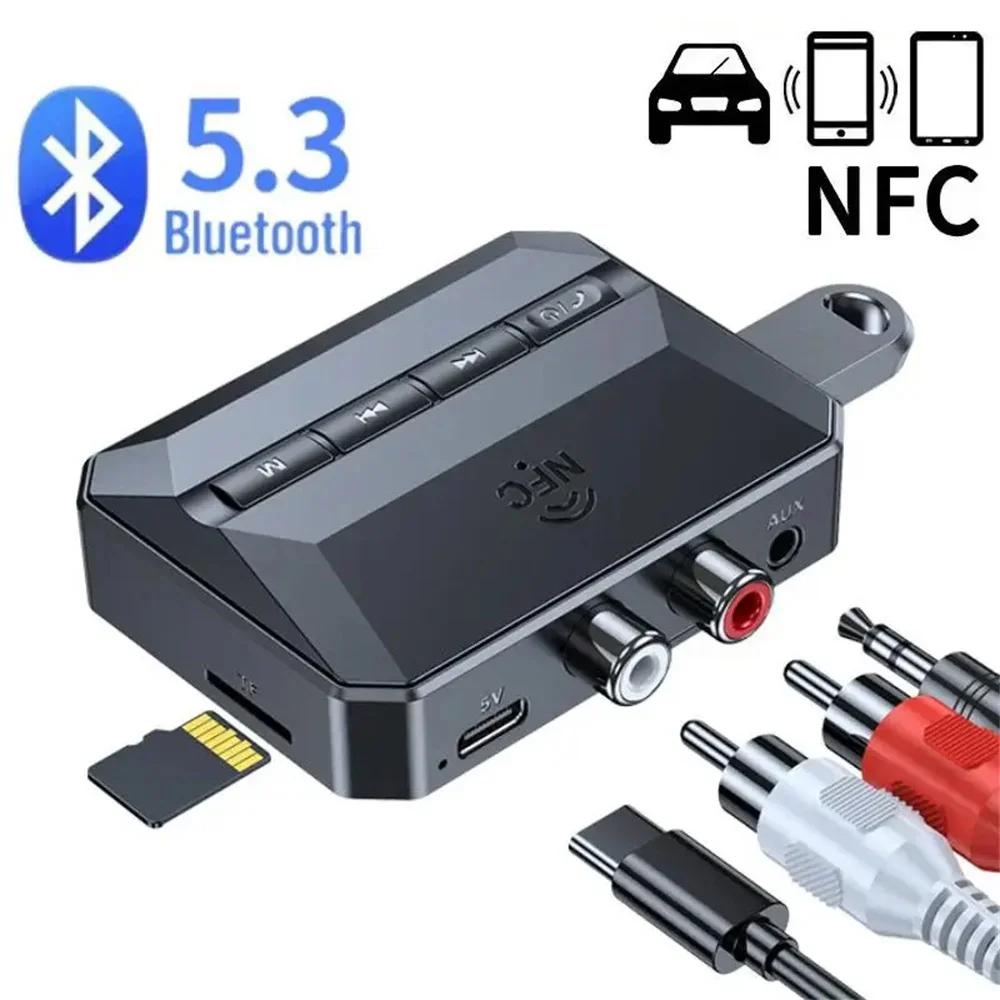 Nfc bluetooth 5.3 receptor de áudio 3.5mm aux rca usb u-disco tf alta fidelidade estéreo música adaptador sem fio com microfone para carro kit alto-falante