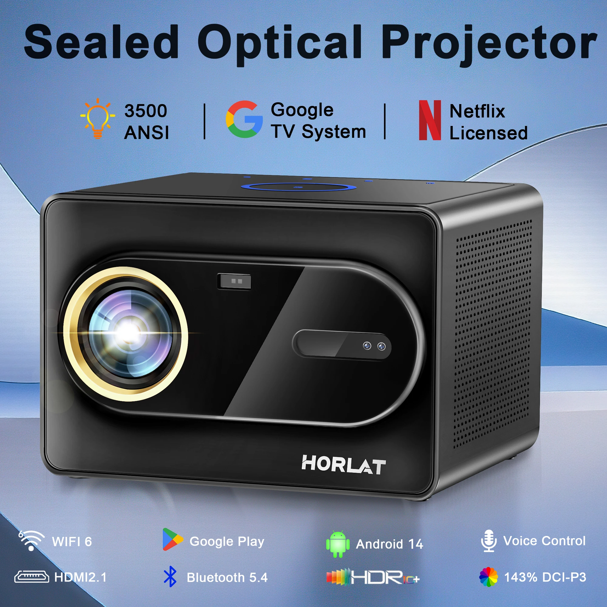 Projetor Óptico Selado HORLAT Google TV 3500ANSI com Controle de Voz Bluetooth, Foco Automático, WiFi 6, Projetor de Cinema em Casa 4K UHD