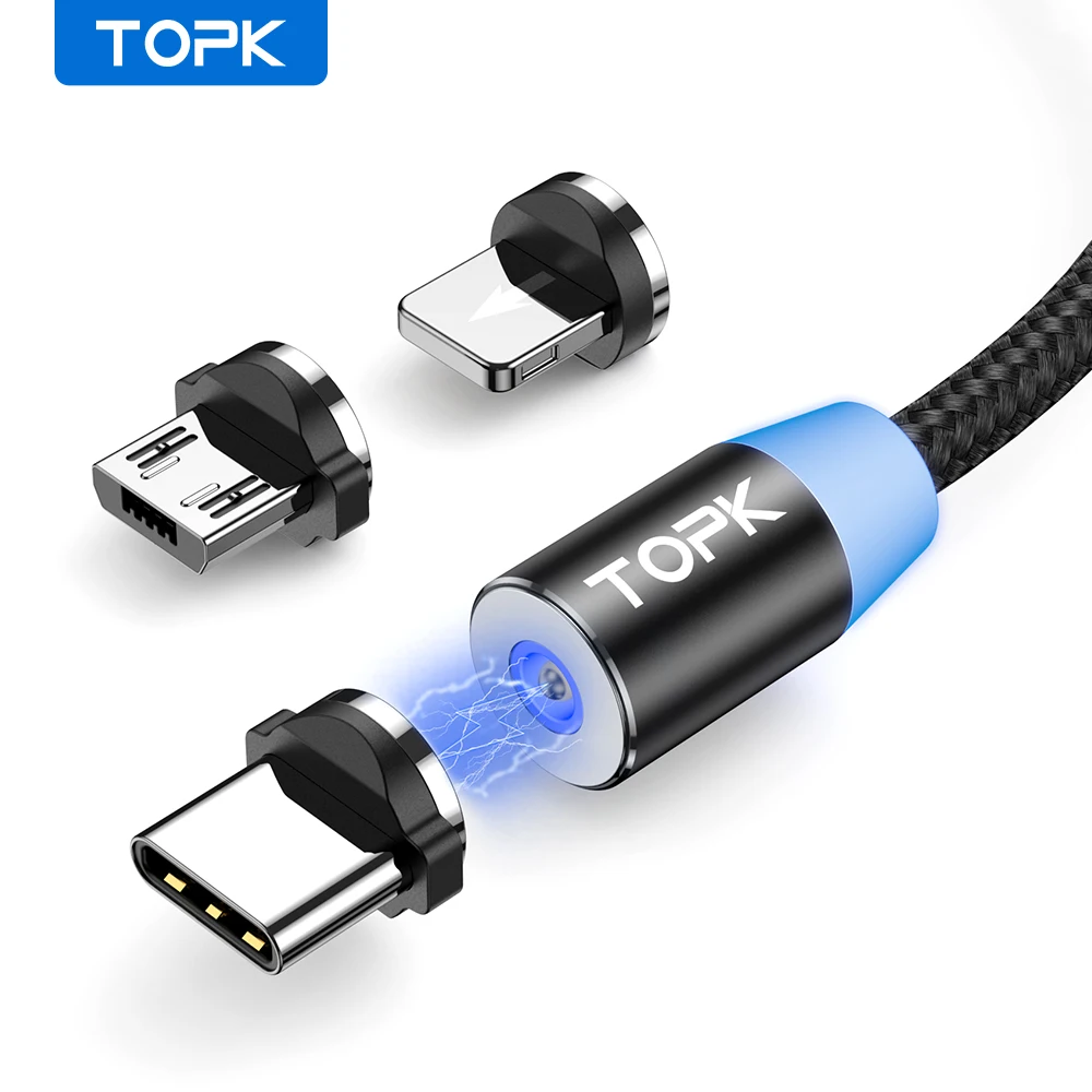 TOPK-3 in 1 Cabo De Carregamento Magnético, Rotação De 360 Graus, Carregador De Telefone, Nylon Trançado, Micro USB C Cabo