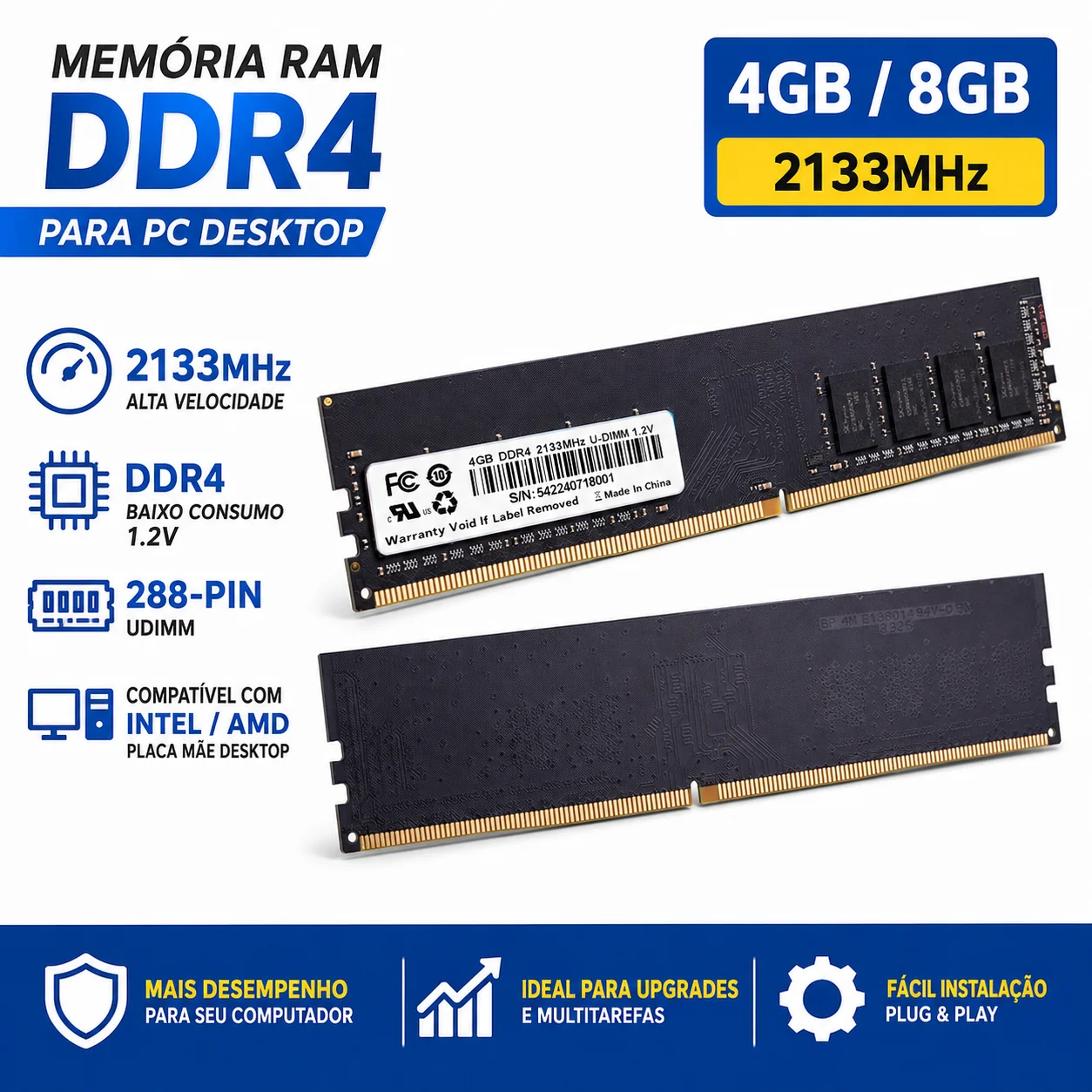 Memória RAM DDR4 4GB 8GB 2133MHz PC4-17000 Desktop 288Pin UDIMM 1.2V Upgrade de Memória Computador Intel AMD