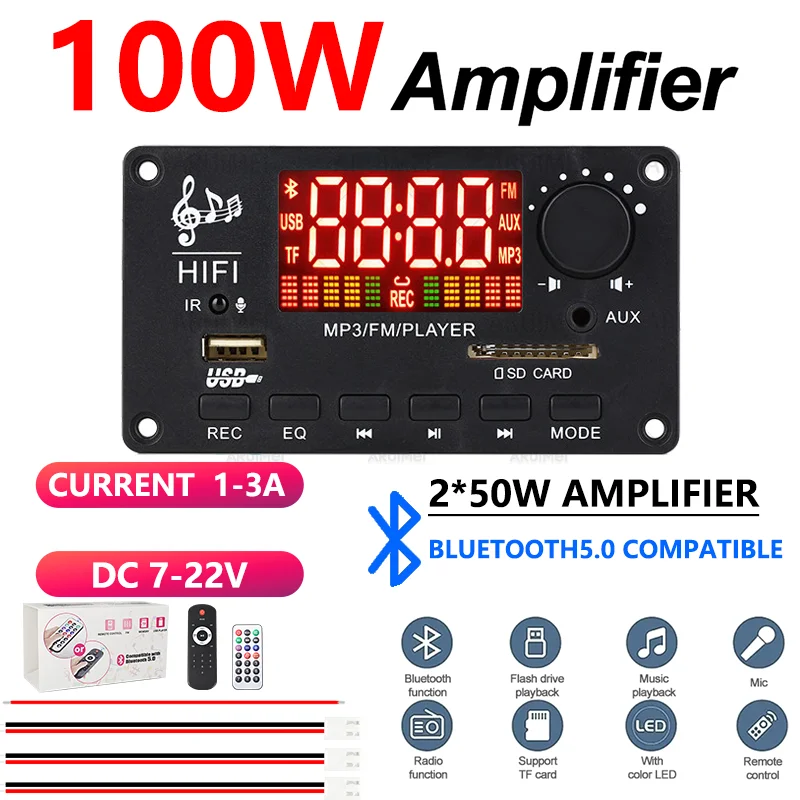 Kit amplificador bluetooth 5.0 2x50w com caixa preta e controle remoto, dc 7-22v para áudio doméstico do carro fiio hifi amplificador subwoofer de som poderoso Kit amplificador bluetooth 5.0 2x50w com caixa preta e controle remoto, dc 7-22v para áudio doméstico do carro fiio hifi amplificador subwoofer de som poderoso
