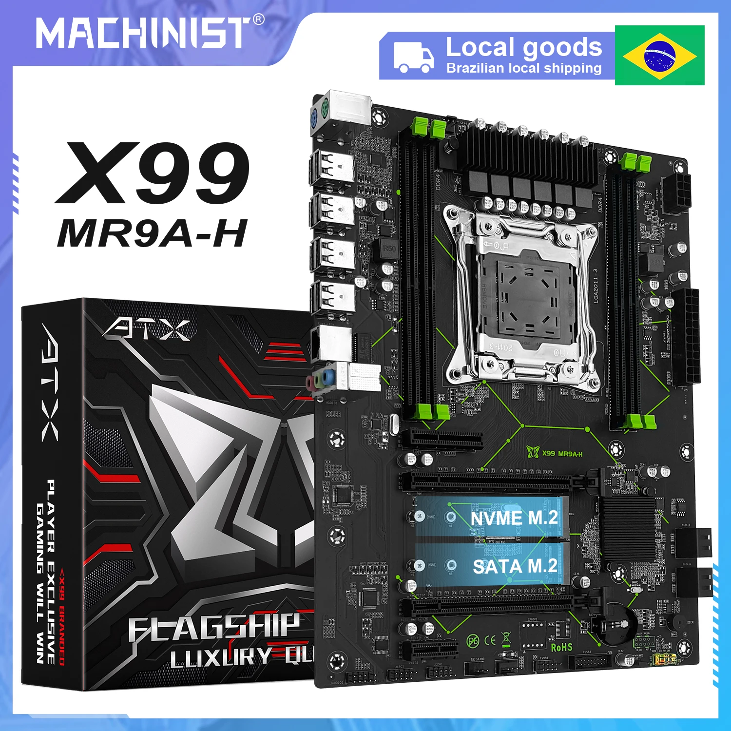 Placa-Mãe MACHINIST X99 MR9A-H LGA 2011-3 Suporte para Processadores Intel Xeon E5 V3 V4, Memória RAM DDR4 128GB, NVMe SATA M.2 ATX