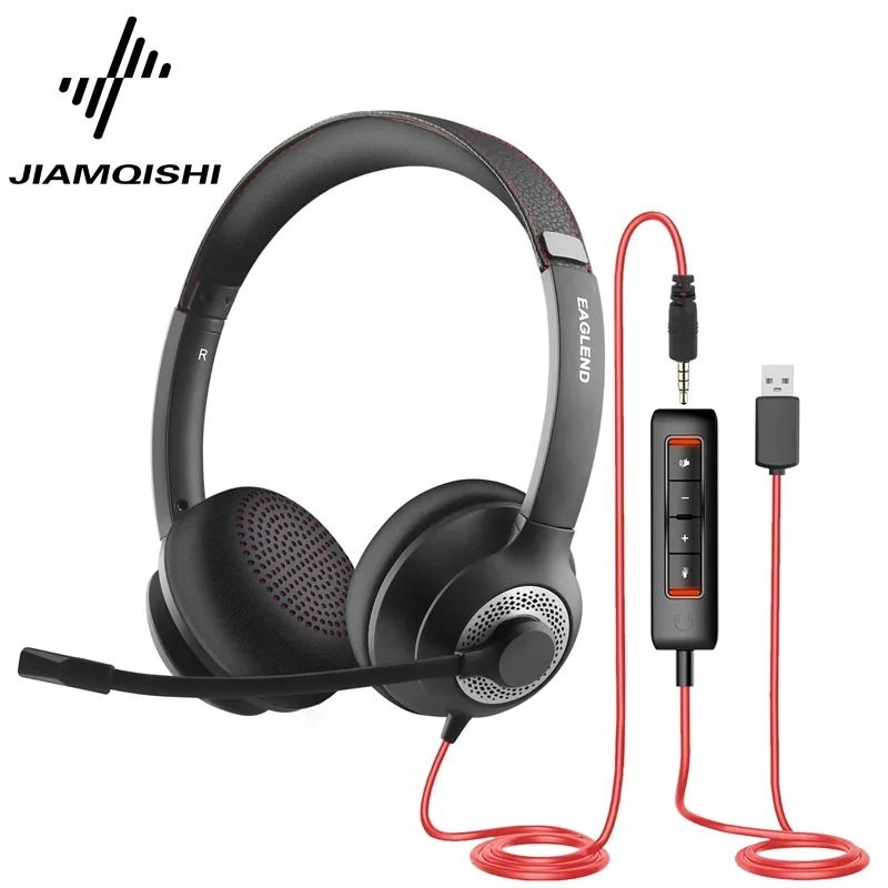 Fone de Ouvido USB JIAMQISHI EH01 para PC com Redução de Ruído, Microfone e Controle em Linha para Escritório em Casa e Aulas Online