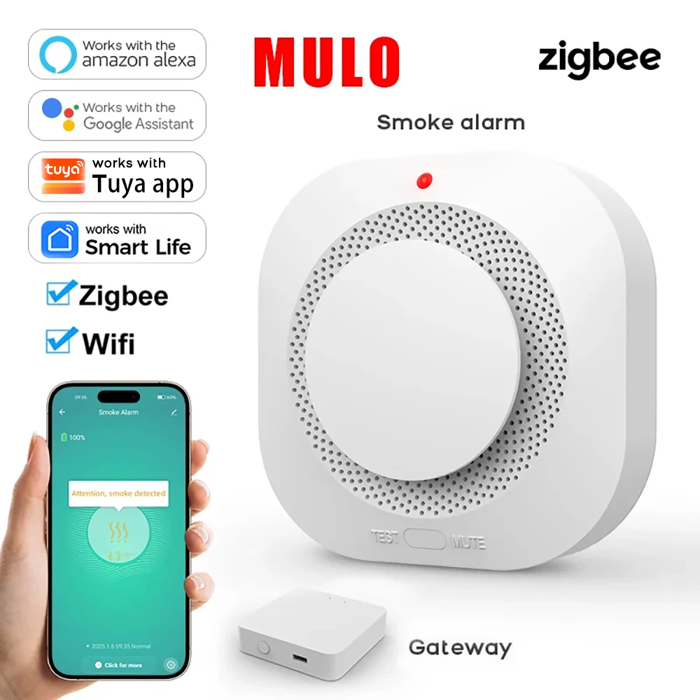Detector de Fumaça Inteligente ZigBee WiFi, Funciona com o Aplicativo Tuya Smart Life, Sensor de Incêndio Compatível para Segurança Residencial, Alertas pelo Aplicativo