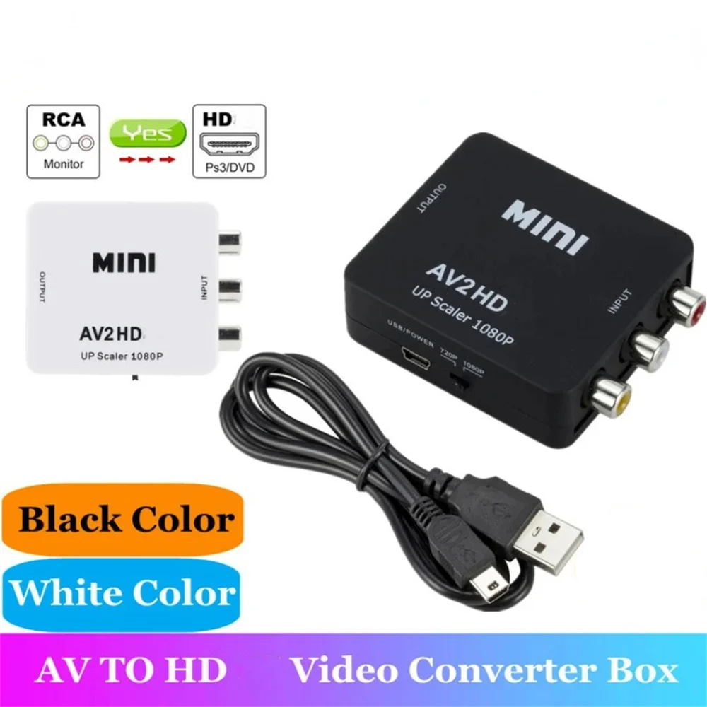 Conversor Mini AV para HD 1080P, Adaptador de Vídeo e Áudio Composto 3RCA CVBS, Compatível com PAL/NTSC, Para DVD, VCR e Console de Jogos