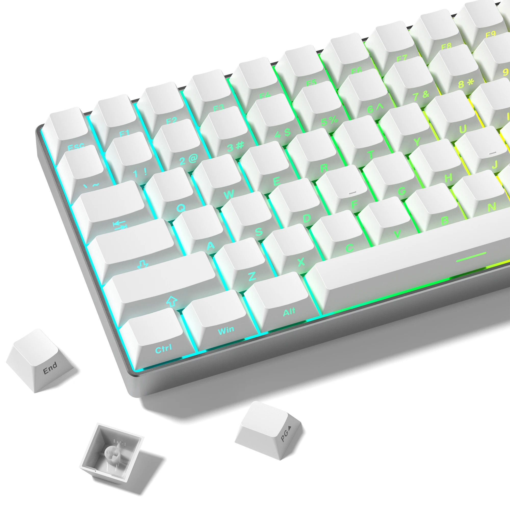 130+ Teclas Brancas PBT com Iluminação de Fundo e Impressão Lateral, Keycaps Double Shot Perfil Cherry para Teclados Mecânicos Gamer com Switches MX