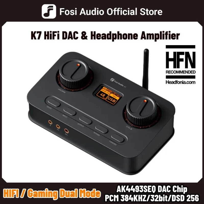 Amplificador de Fone de Ouvido para Jogos Fosi Audio K7 Bluetooth, Fone de Ouvido Planar HiFi DAC AMP com Entrada de Microfone e DAC USB para Jogos em PS5, PC e Switch