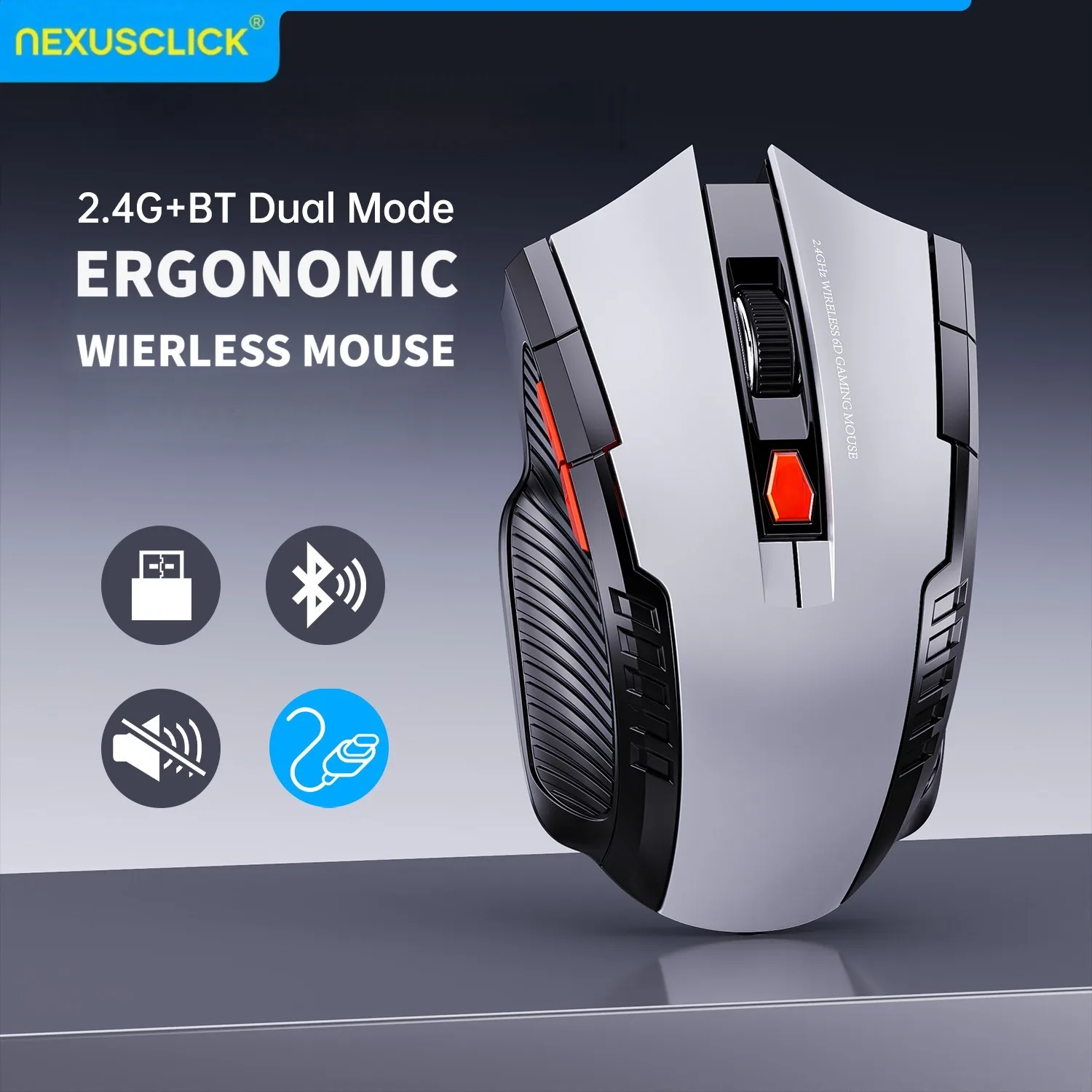Mouse Óptico Sem Fio NexusClick, 1600 DPI, 6 Cliques Silenciosos, Novo Mouse para Jogos e Artesanato, em Estoque, Receptor USB para Escritório