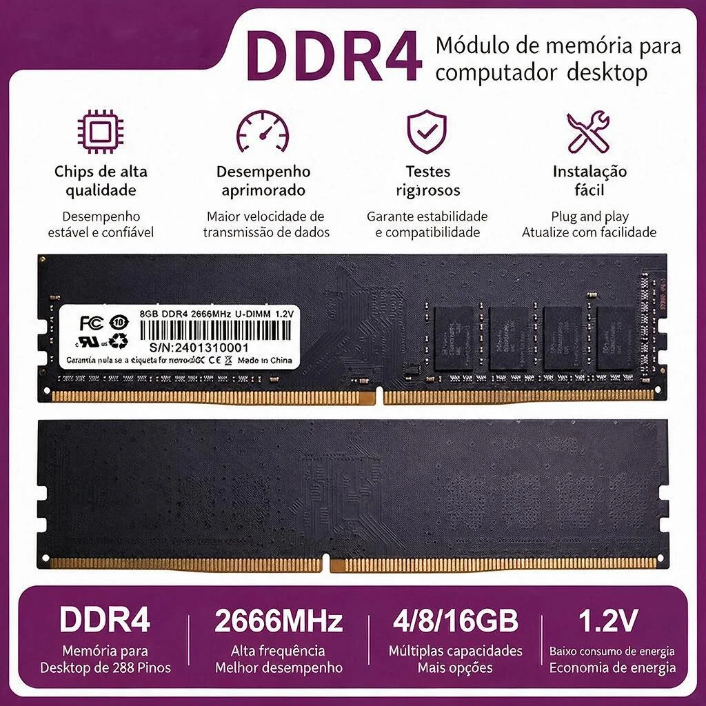 Memória RAM DDR4 4GB 8GB 16GB PC4 Desktop 288Pin UDIMM 1.2V Módulo de Memória Compatível com Intel AMD PC Upgrade Plug and Play Fácil Instalação Alta Velocidade Desempenho Estável Baixo Consumo de Energia