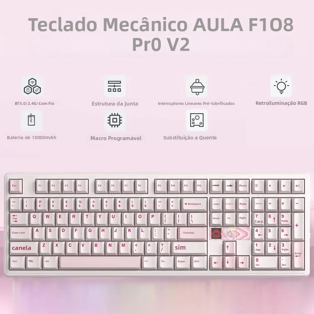 Teclado Gamer Sem Fio AULA F108 Pro V2 com Taxa de Polling de 8KHz, Bateria de 10000mAh, Tri-Modo, 100% Tamanho Normal, RGB, Hot-swap, Gasket, Tela TFT, Mecânico