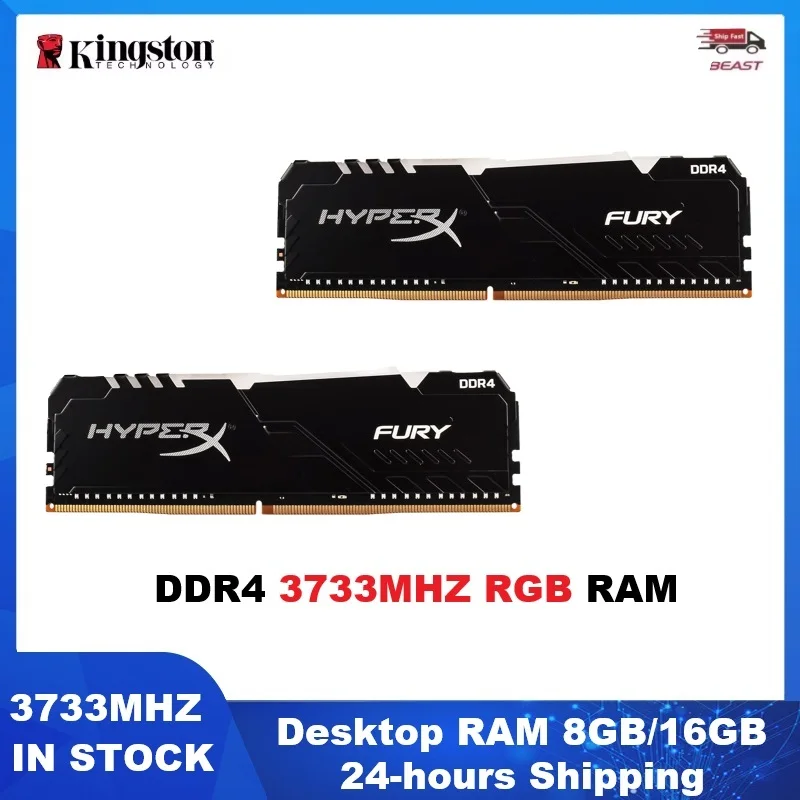 Memória Desktop HYPERX FURY DDR4 RGB RAM 8GB 16GB para Jogos de Computador Memória UDIMM 3733MHz PC4-30900 RAM de Alto Desempenho 288Pin