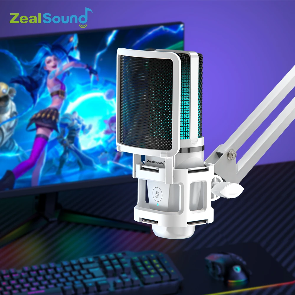 Zealsound microfone de jogo usb rgb com braço articulado, microfone condensador de computador branco para pc mac gravação podcasting streaming
