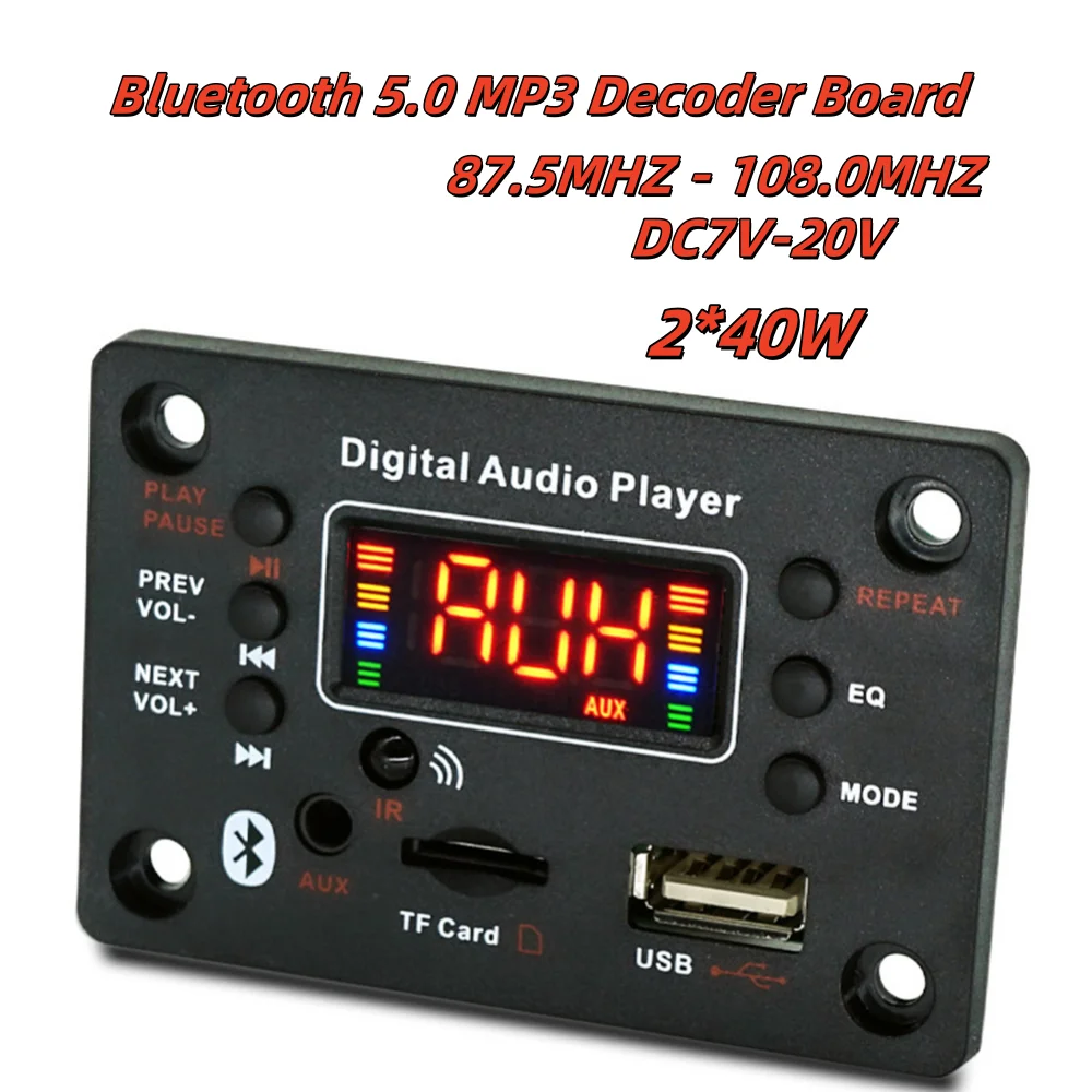 Placa decodificadora de mp3 bluetooth 5.0, 2*40w, amplificador, reprodutor de áudio, 12v, diy, reprodutor de mp3, carro, módulo de rádio fm, tf, usb, microfone, gravação de chamada