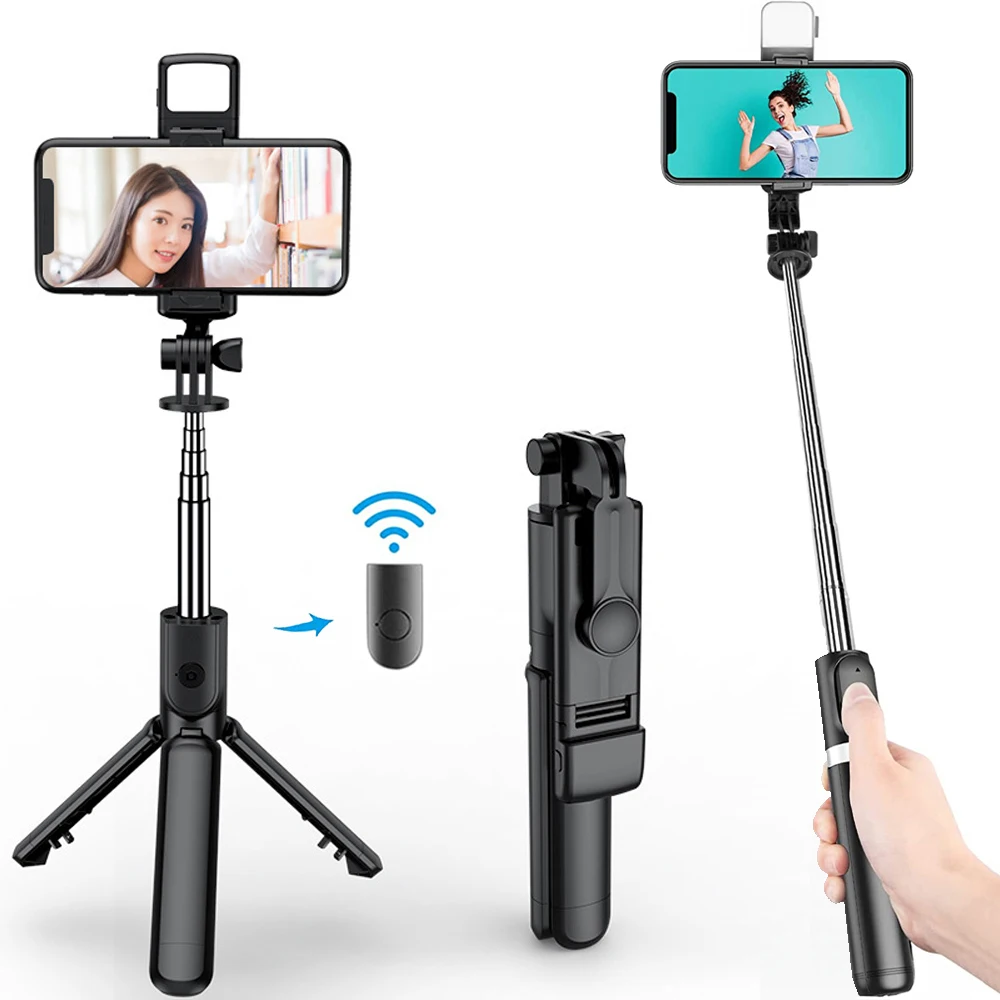 Tripé de selfie sem fio 3 em 1, bluetooth, com luz de preenchimento, obturador, controle remoto, portátil, dobrável, monopé para iphone, telefone inteligente