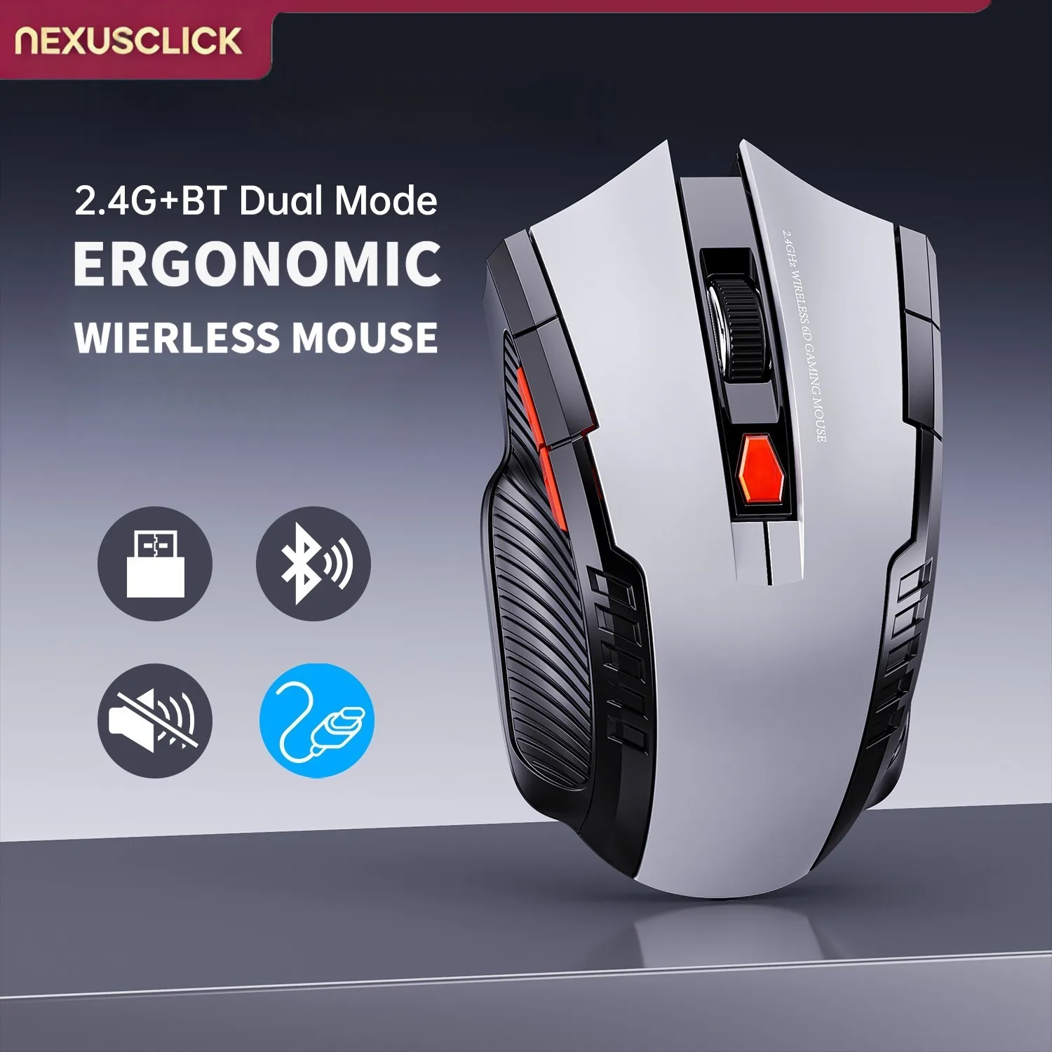 Mouse Óptico Sem Fio NEXUSCLICK, 1600DPI, 6 Cliques Silenciosos, Novo Mouse para Jogos e Artesanato, em Estoque, Receptor USB para Escritório e Gamers