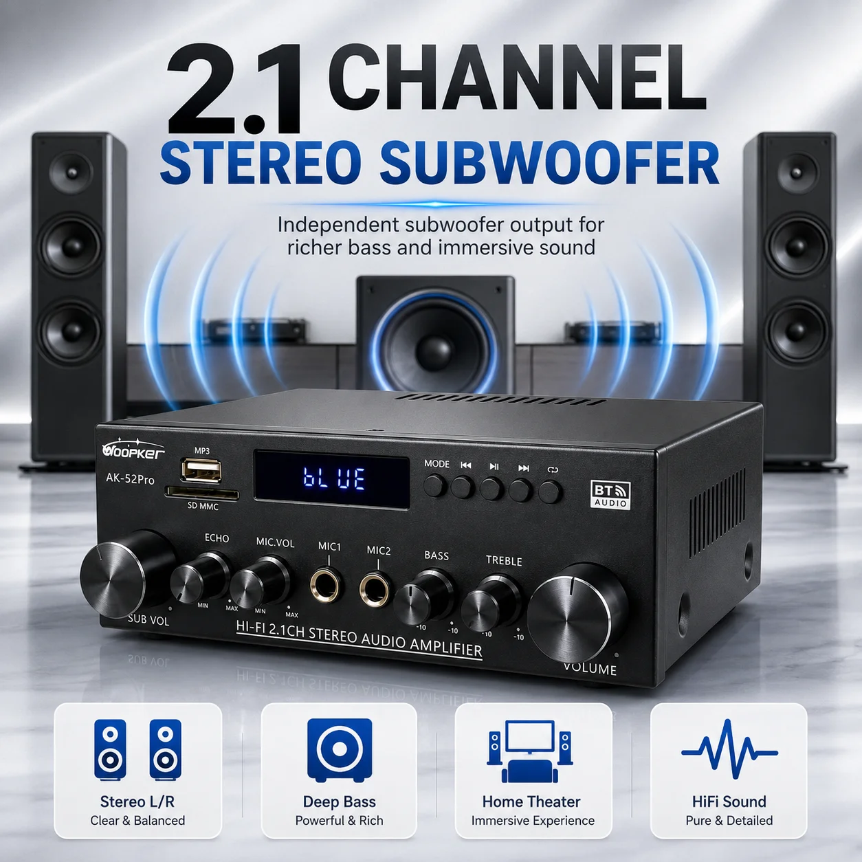Amplificador de Áudio HiFi Estéreo Woopker AK52 Pro 2.1 Canais com Bluetooth, Subwoofer, Eco, Graves e Agudos para Casa, Carro e Karaokê