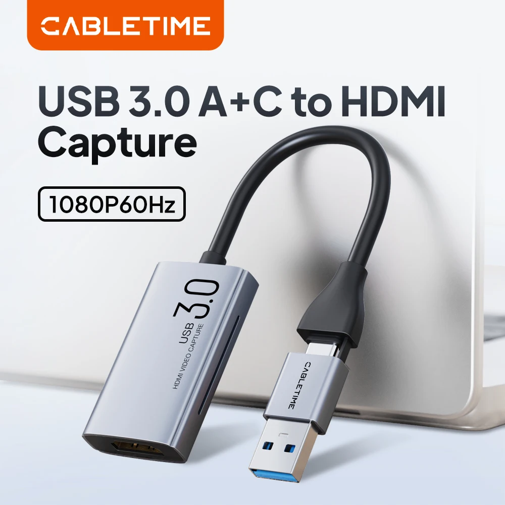 Placa de Captura de Vídeo CABLETIME USB 3.0 4K HDMI para USB-A USB-C, Caixa de Captura de Vídeo HDMI para PC, Câmera e Jogos ao Vivo