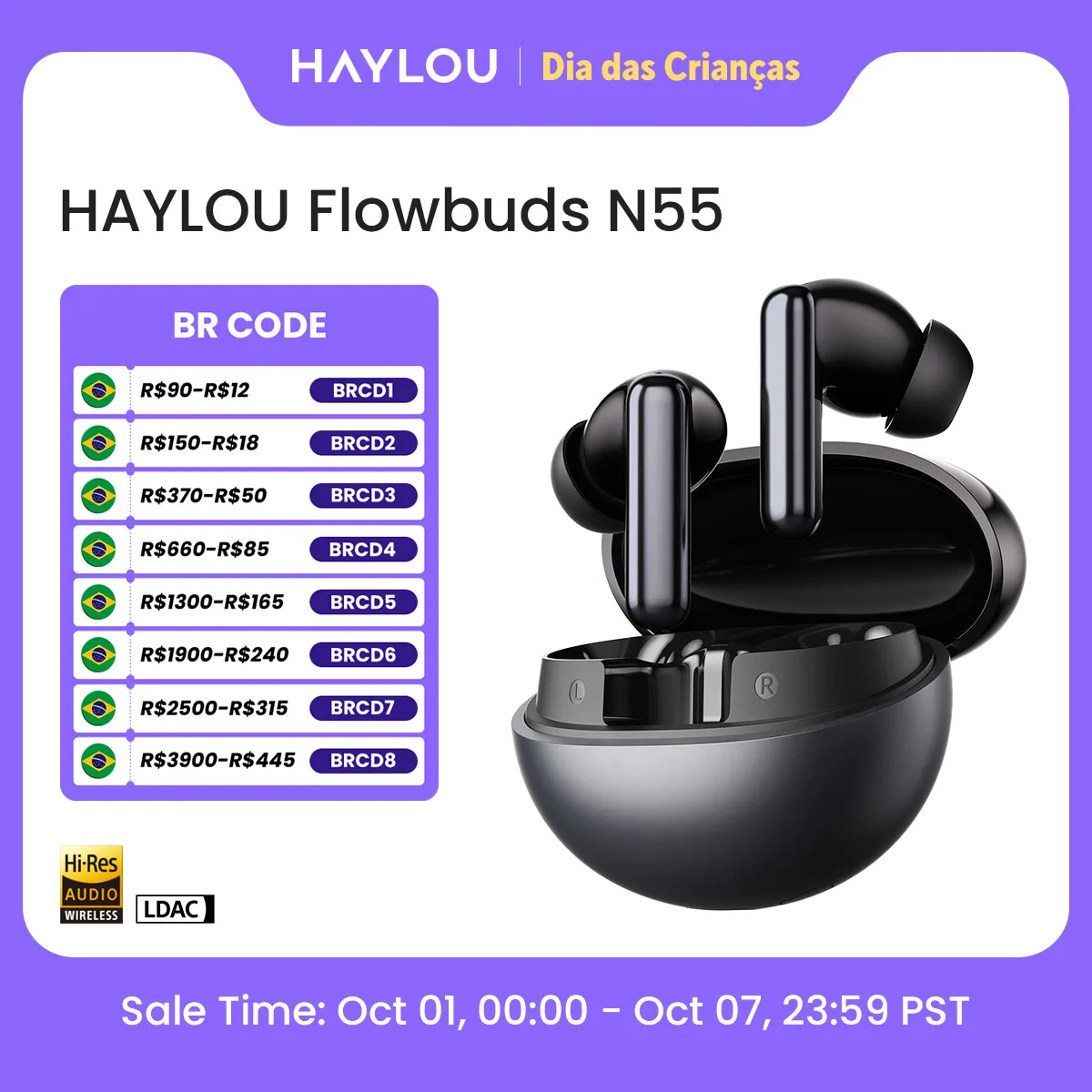 Fones de Ouvido Sem Fio HAYLOU Flowbuds N55 com ANC Adaptativo de 54dB, Bluetooth 6.0, Áudio Hi-Res LDAC, Chamadas HD com 6 Microfones, 40 Horas de Reprodução, IPX5