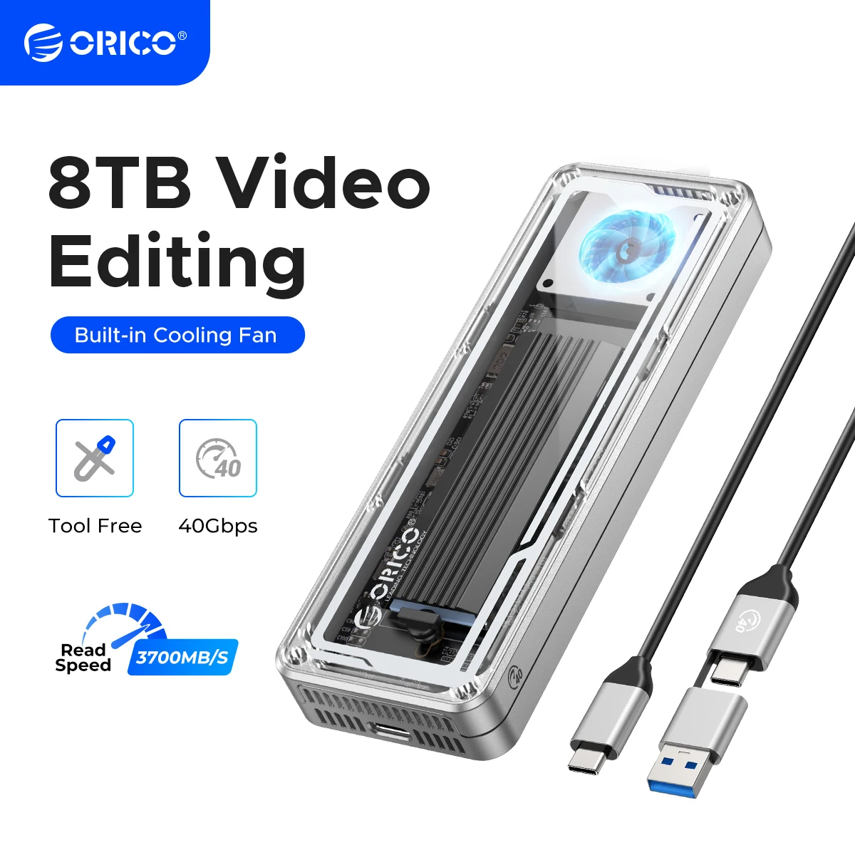 ORICO 40Gbps USB4 M.2 SSD Gabinete 8TB com Ventilador de Refrigeração PCIe4.0 NVME Gabinete de Alumínio Compatível Thunderbolt 3/4 para Mac