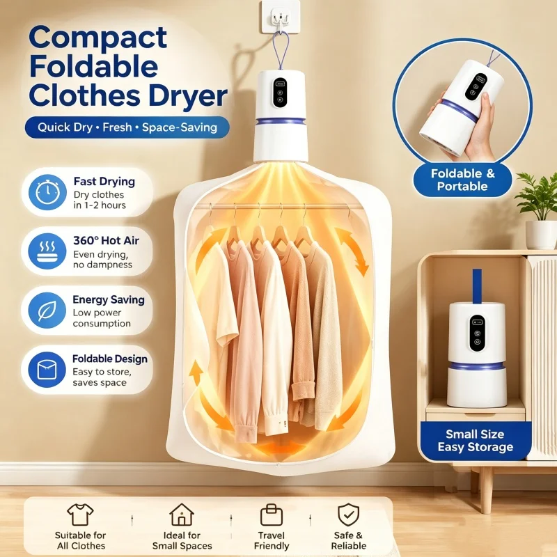Secador de Roupas Elétrico Portátil, Com Timer e Função de Secagem Rápida, Secador Dobrável, Equipado com Saco de Secagem, Para Uso em Viagens