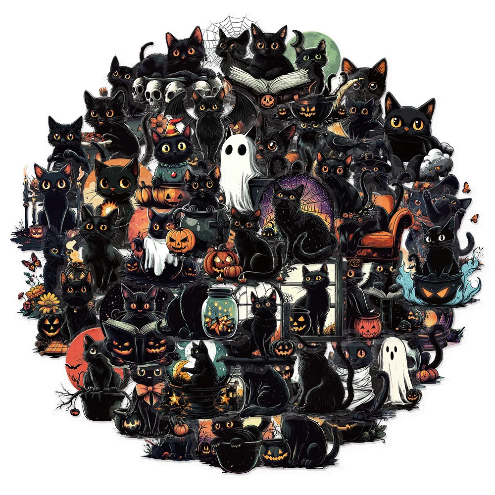 50 pçs halloween bonito gato preto criativo graffiti adesivos diy bagagem notebook copo de água pet adesivos à prova dwaterproof água