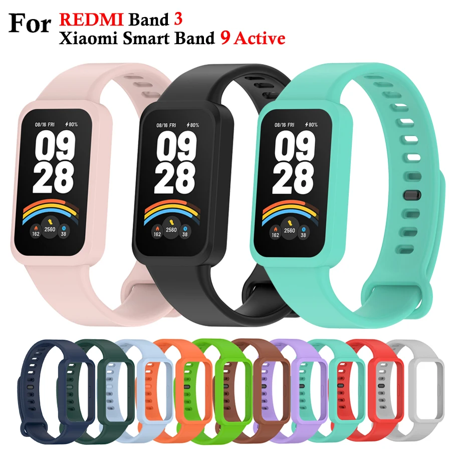 Pulseira de silicone macio para xiaomi banda inteligente 9 pulseira ativa relógios inteligentes acessórios pulseira para redmi banda 3 cinta com caso pc