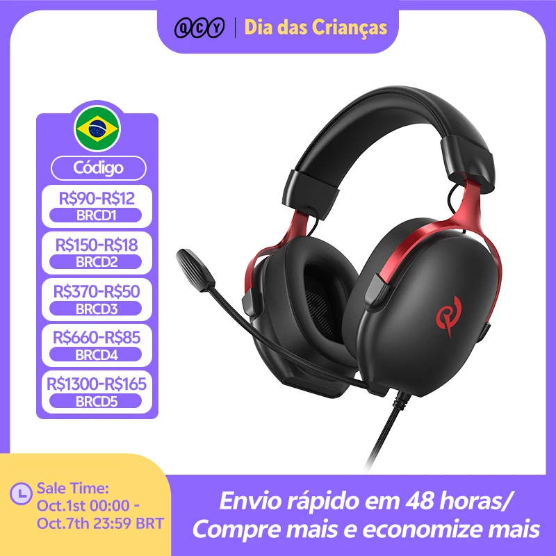 Qcy VN200 Pro fone de ouvido para jogos com fio com microfone 40mm driver 7.1 surround sobre fones de ouvido para pc ps4 ps5 gamer