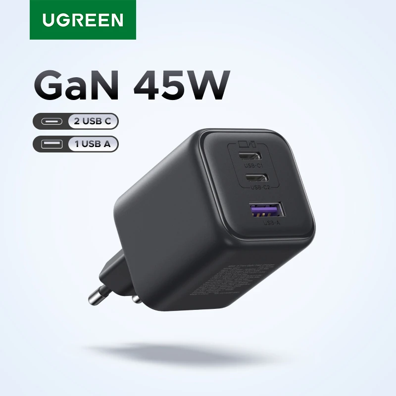 【Tomada europeia】Carregador GaN UGREEN de 45W/30W/25W/20W, com tecnologia PD3.0, PPS e QC3.0, carregador rápido USB-C para iPhone 18, 17, 16 Pro Max, Samsung S25 e iPad Air.