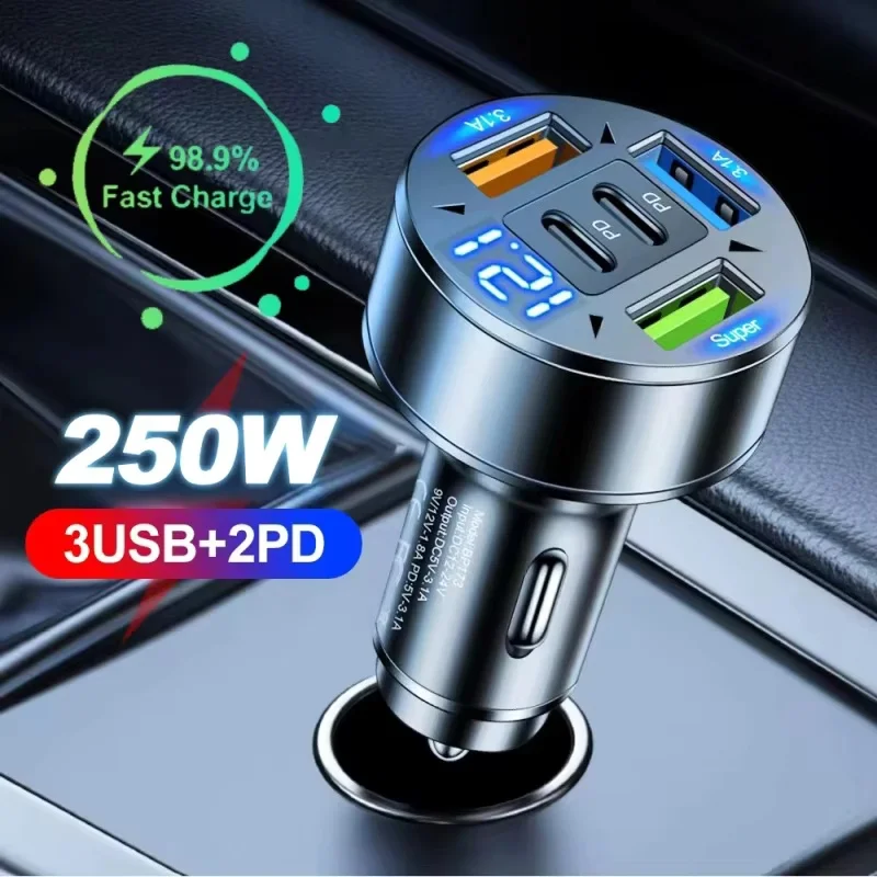 Carregador de Carro 250W 5-em-1 PD QC3.0, Carregamento Rápido USB C para iPhone, Samsung Galaxy, iPad Pro, Adaptador de Acendedor de Cigarros Multi-Portas