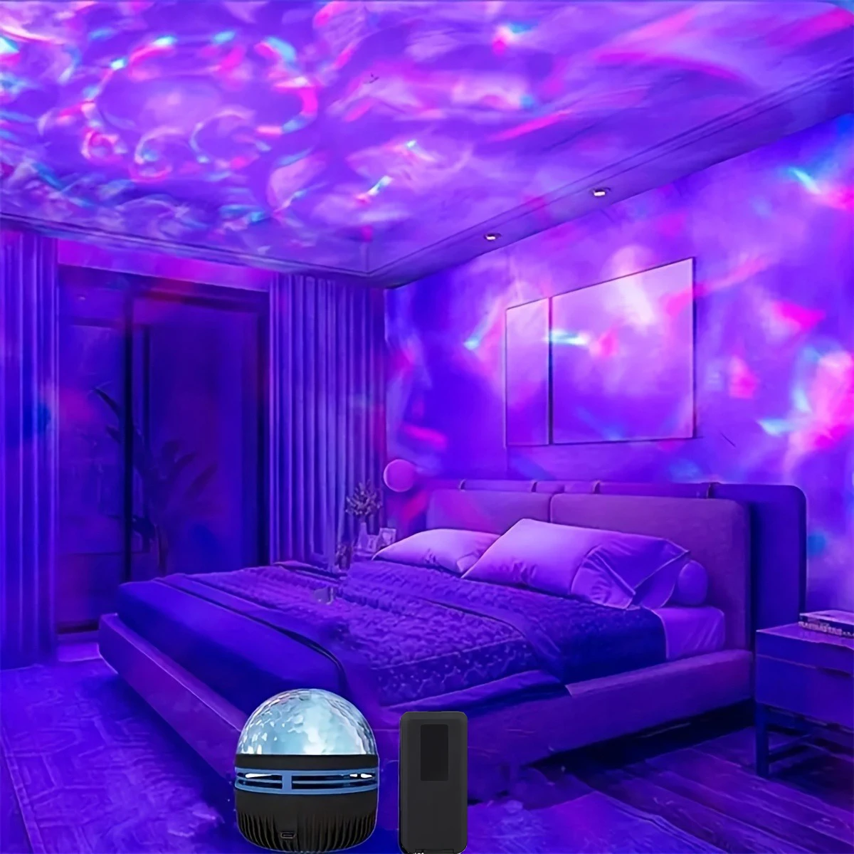 Projetor de Luz LED Galáxia Estrelada (1 unidade), Alimentado por USB, Efeito de Ondas de Água, Luminária Noturna para Quarto com Controle Remoto, Para Festas, Home Theater