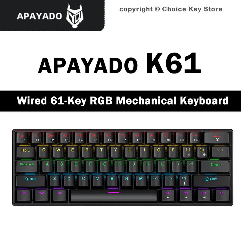 Teclado Mecânico Gamer APAYADO K61 com Fio, 61 Teclas, Retroiluminação RGB, Mini Teclado 60% com Switches Vermelhos e Azuis, Tipo-C para PC e Laptop