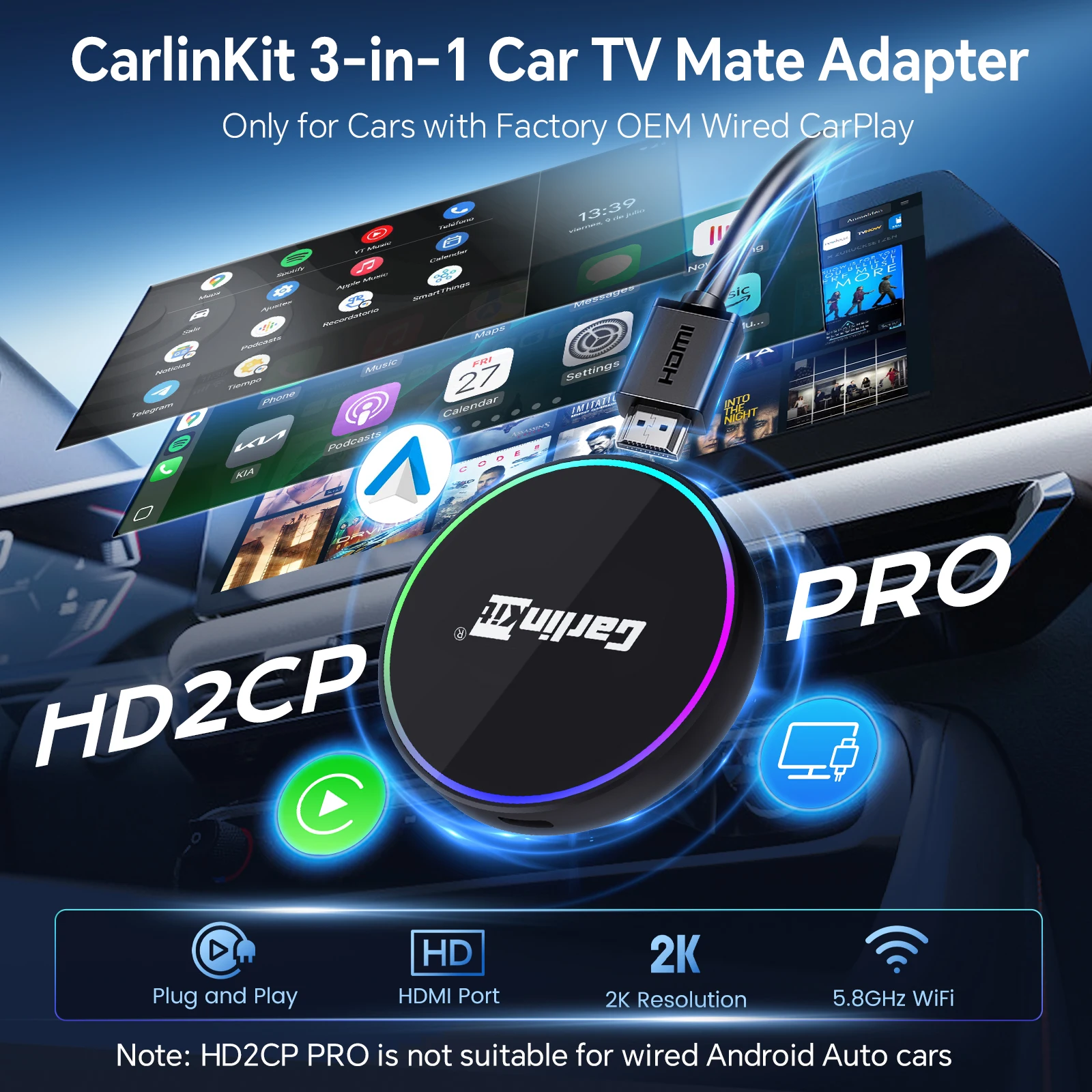 Hd2cp pro carlinkit adaptador sem fio hdmi sem fio android auto carplay 3-em-1 caixa de carro inteligente vídeo hd para tv varas dispositivo hdmi