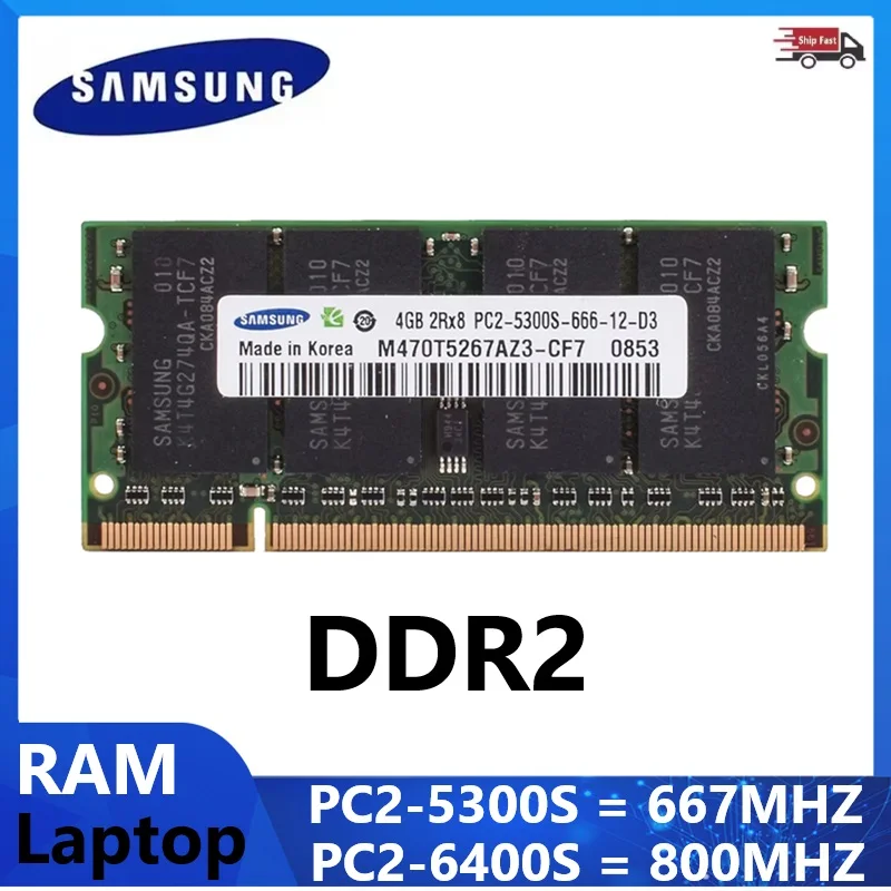 SAMSUNG DDR2 Memória para laptop SODIMM Memoria Não ECC RAM sem buffer 2GB 4GB 667Mhz PC2-5300S 800MHz PC2-6400S 1.8V CL5 para notebook