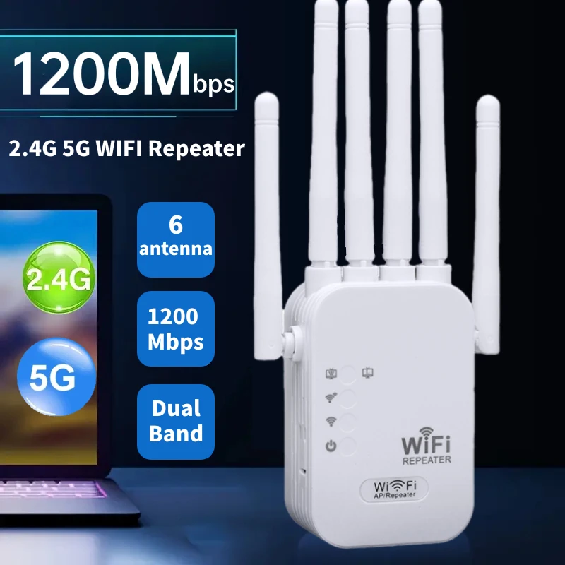 Repetidor WiFi de banda dupla, extensor de sinal sem fio, amplificador WiFi, impulsionador Wi-Fi de longo alcance para escritório, casa, 1200Mbps, 2.4G, 5G